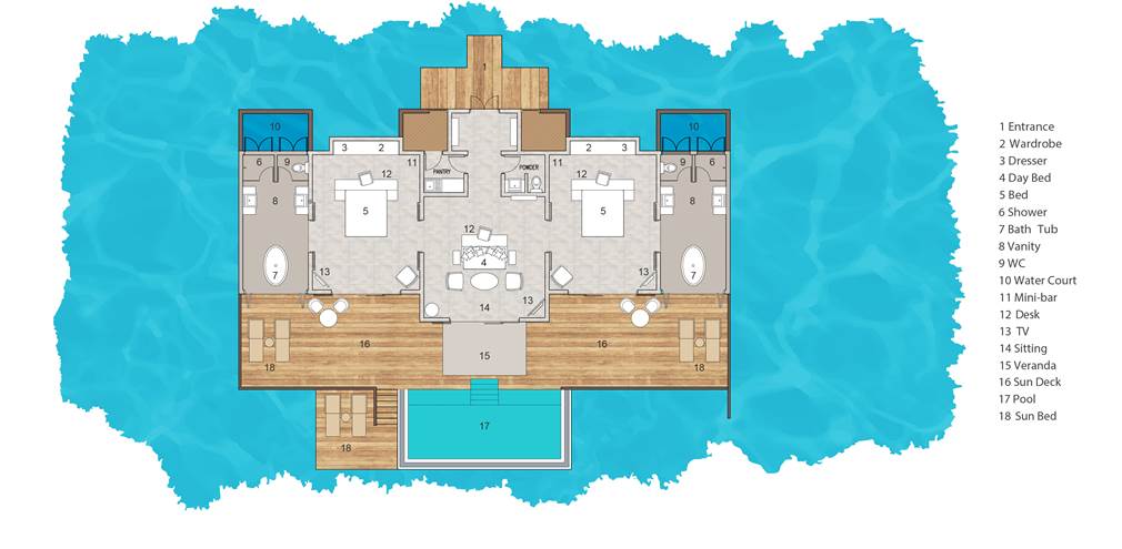 Floor Plan of King Ocean Suite Sun Siyam Iru Veli