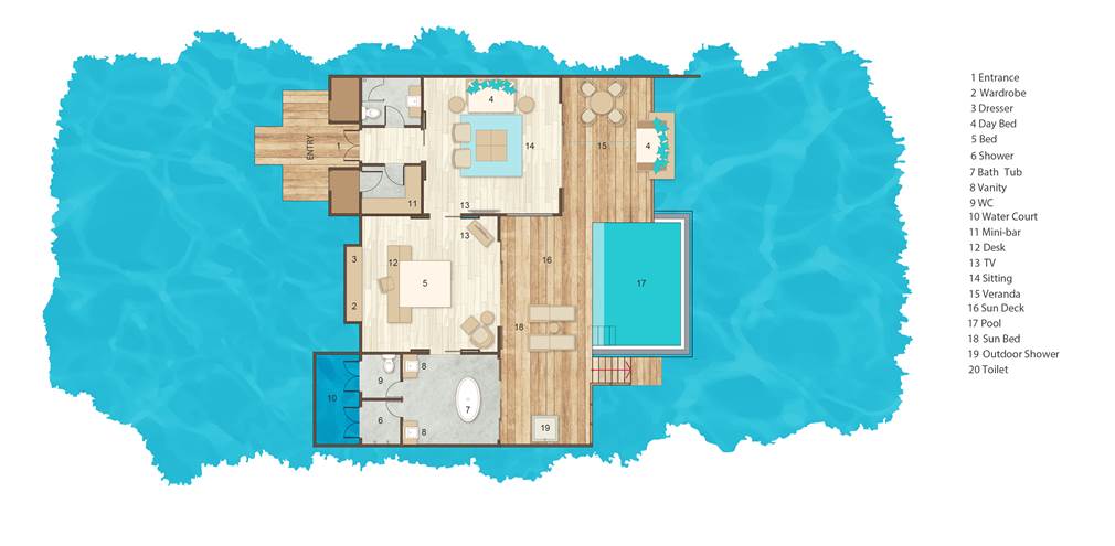 Floor Plan of Grand Ocean Suite Sun Siyam Iru Veli